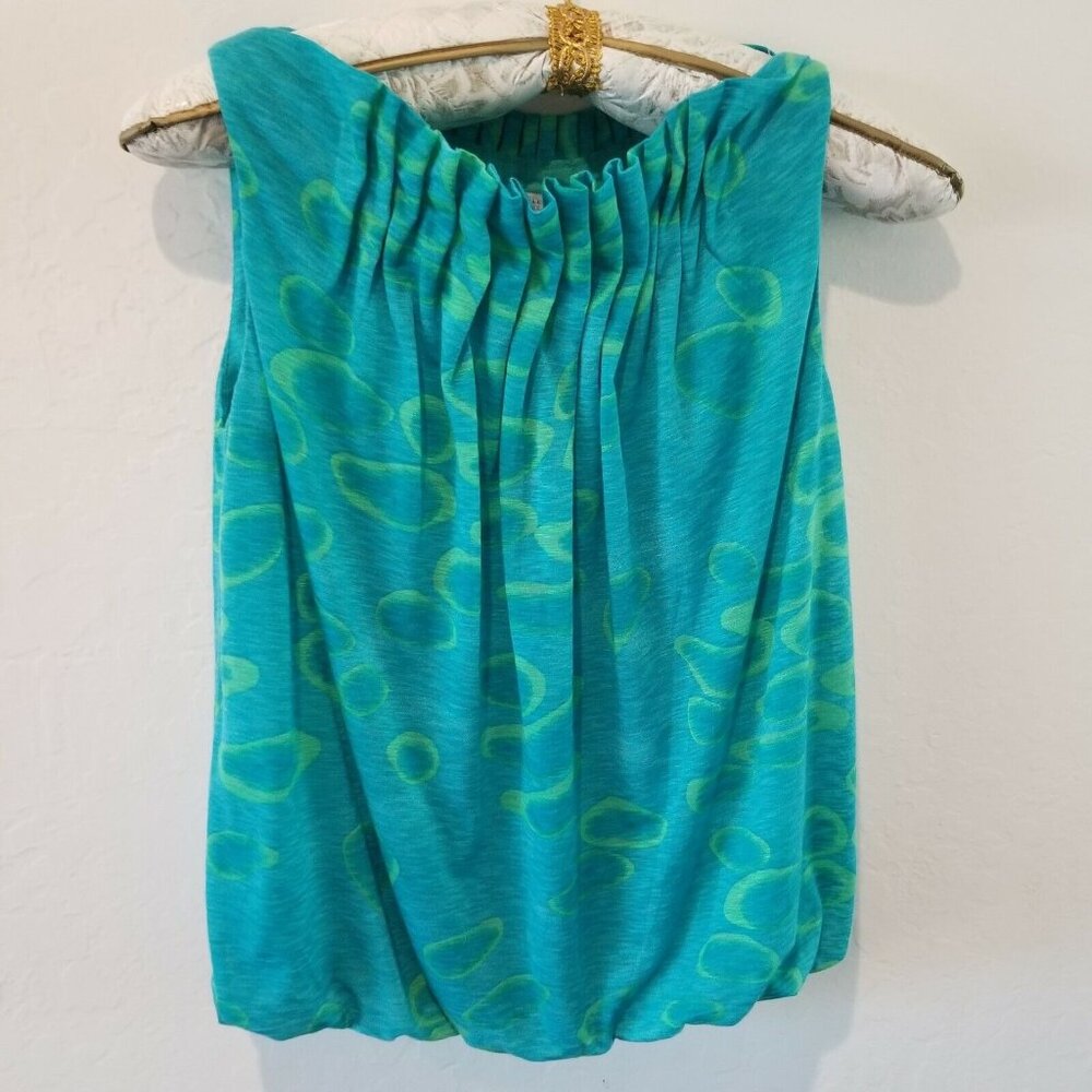 Audrey Talbott Carmel Womens Pleated Top Blouse Blue Green Abstract Print Lined